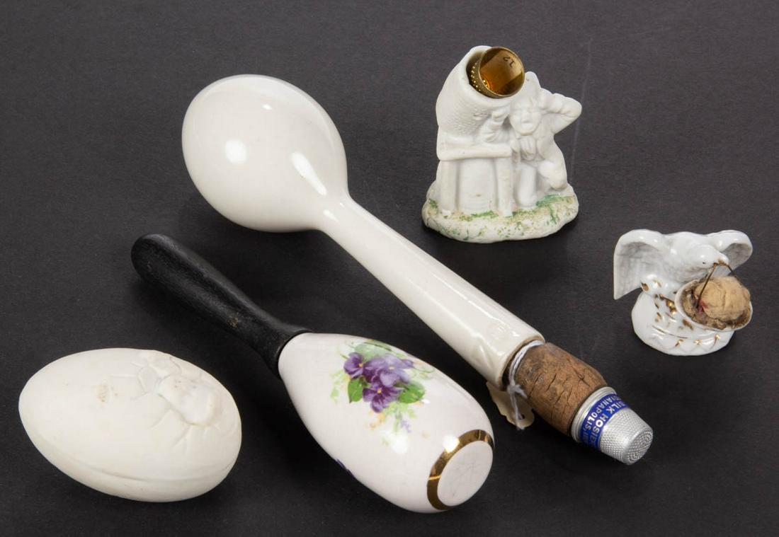 ASSORTED BISQUE / PORCELAIN SEWING ARTICLES, LOT OF FIVE (1 of 1)