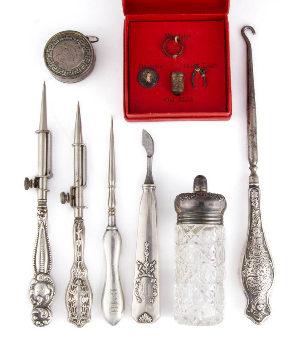 ASSORTED STERLING AND OTHER SILVER SEWING ARTICLES, LOT OF EIGHT (1 of 1)