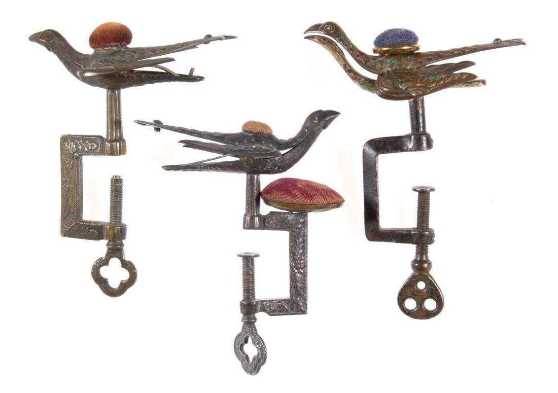 BRASS AND STEEL FIGURAL SEWING BIRD CLAMPS, LOT OF THREE (1 of 2)