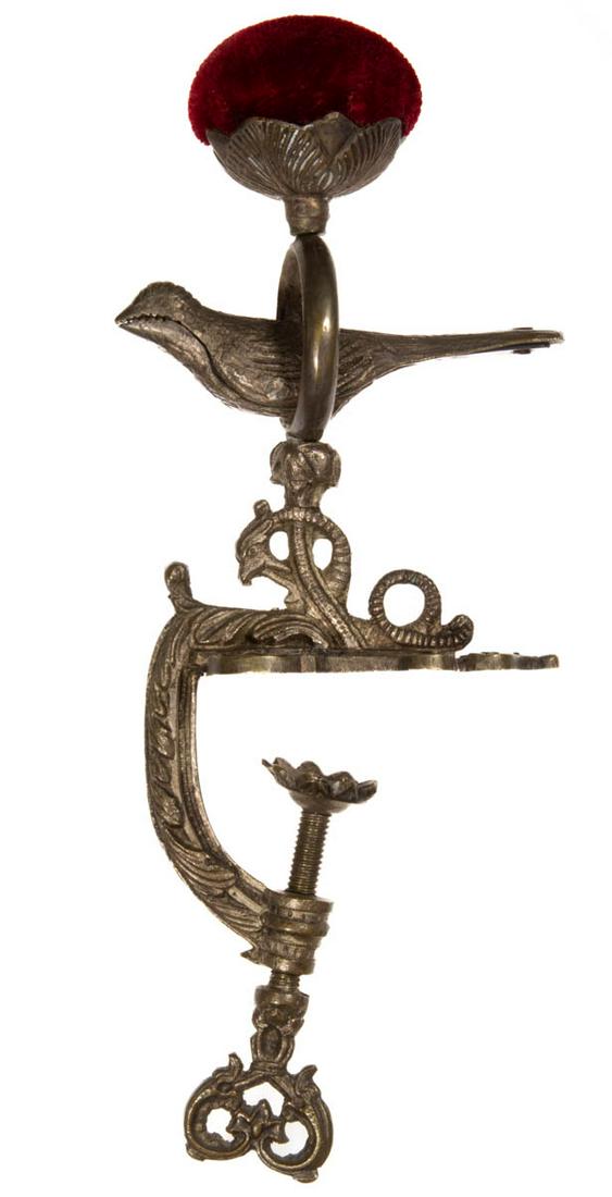 LARGE CAST-BRASS FIGURAL SEWING BIRD CLAMP WITH PINCUSHION (1 of 3)