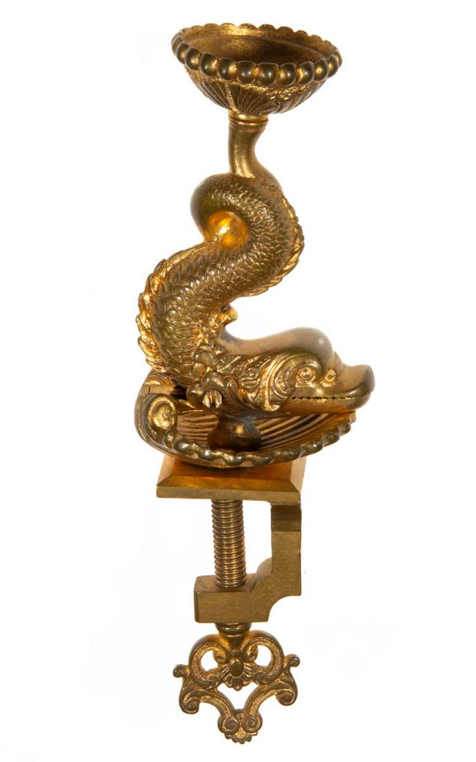 GERMAN GILT CAST-BRASS DOLPHIN FIGURAL SEWING CLAMP WITH PINCUSHION HOLDER (1 of 2)