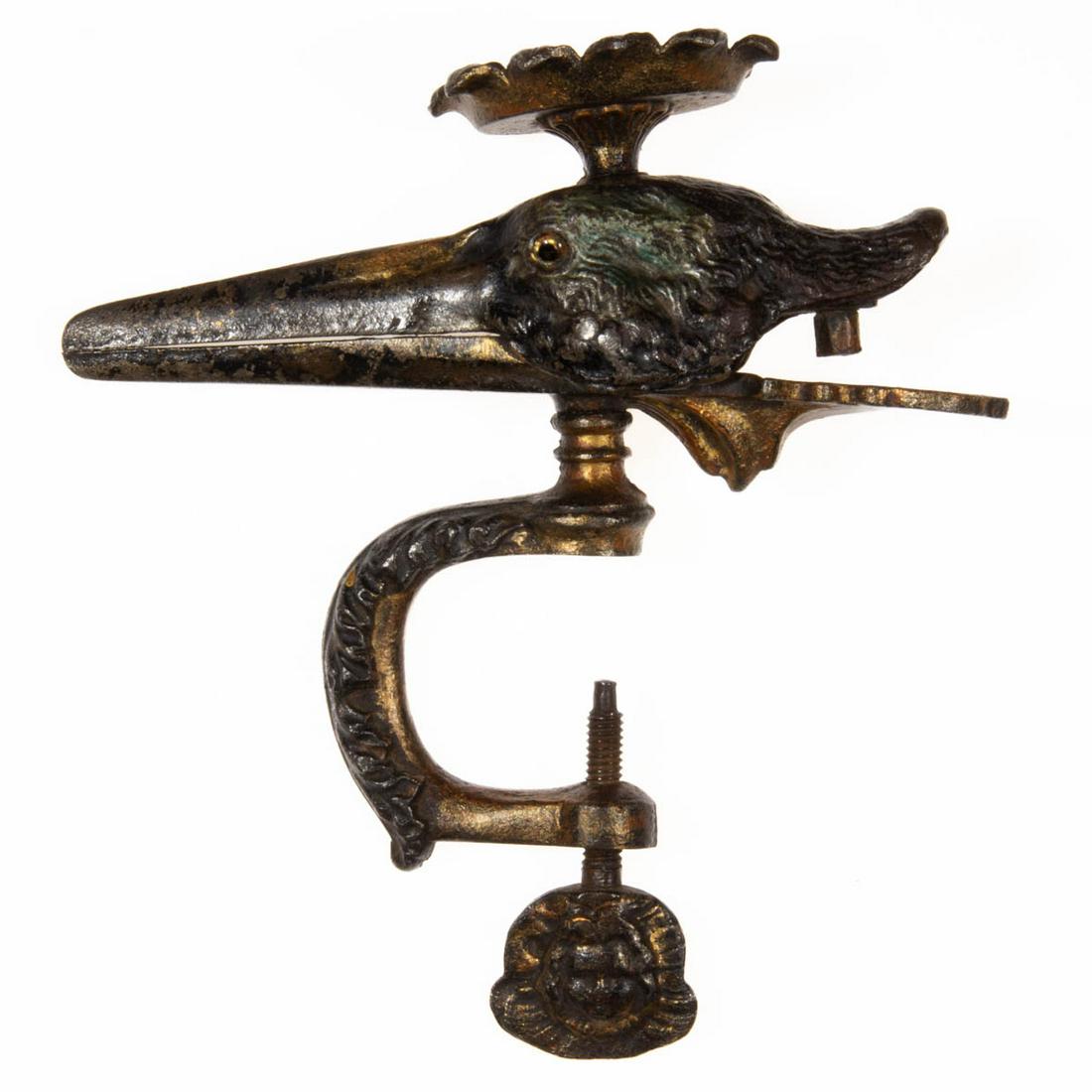 CAST-IRON DUCK / STORK HEAD FIGURAL SEWING CLAMP WITH PINCUSHION HOLDER (1 of 2)
