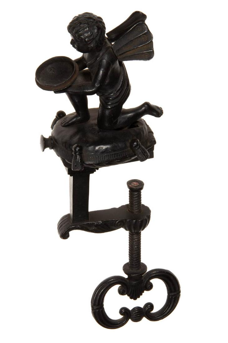 CAST-IRON WINGED CHERUB / CUPID FIGURAL SEWING CLAMP WITH PINCUSHION HOLDER (1 of 3)