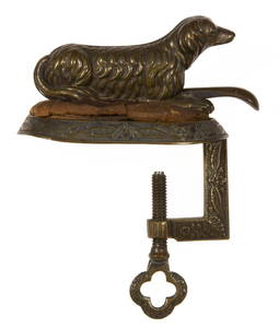 STAMPED AND CAST-BRASS DOG FIGURAL SEWING CLAMP WITH PINCUSHION