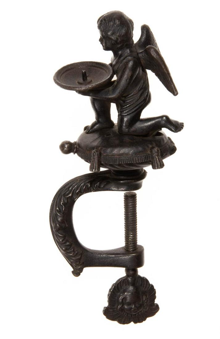 CAST-IRON WINGED CHERUB / CUPID FIGURAL SEWING CLAMP WITH PINCUSHION HOLDER (1 of 3)
