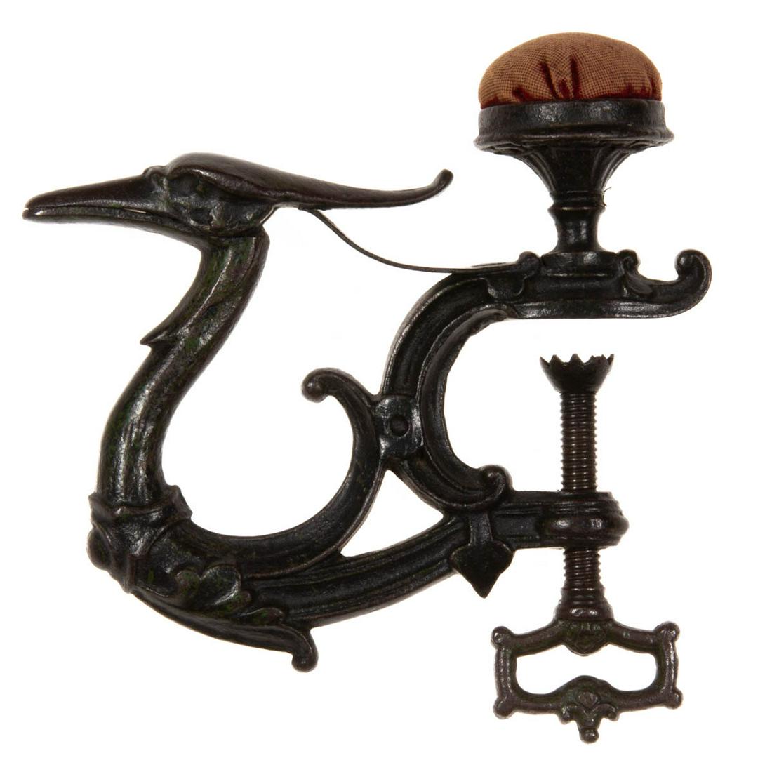 ENGLISH / FRENCH CAST-IRON CRANE HEAD FIGURAL SEWING CLAMP WITH PINCUSHION (1 of 2)
