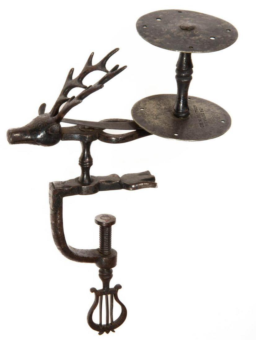 SIGNED CH. W. BONTGEN & CO. STEEL AND IRON REINDEER HEAD / STAG FIGURAL SEWING CLAMP WITH WINDER (1 of 2)