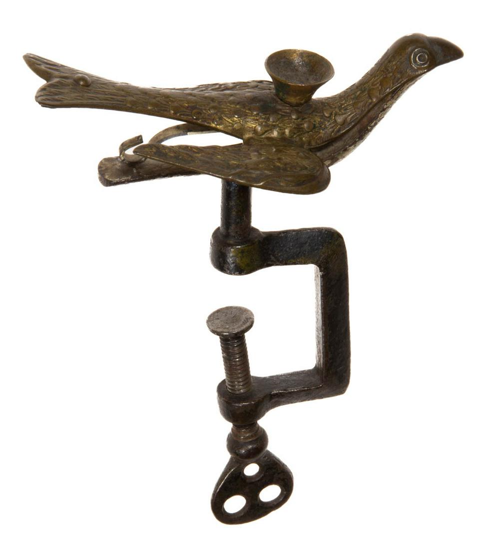 STAMPED BRASS AND CAST-METAL DECORATED SEWING BIRD CLAMP WITH PINCUSHION HOLDER (1 of 2)