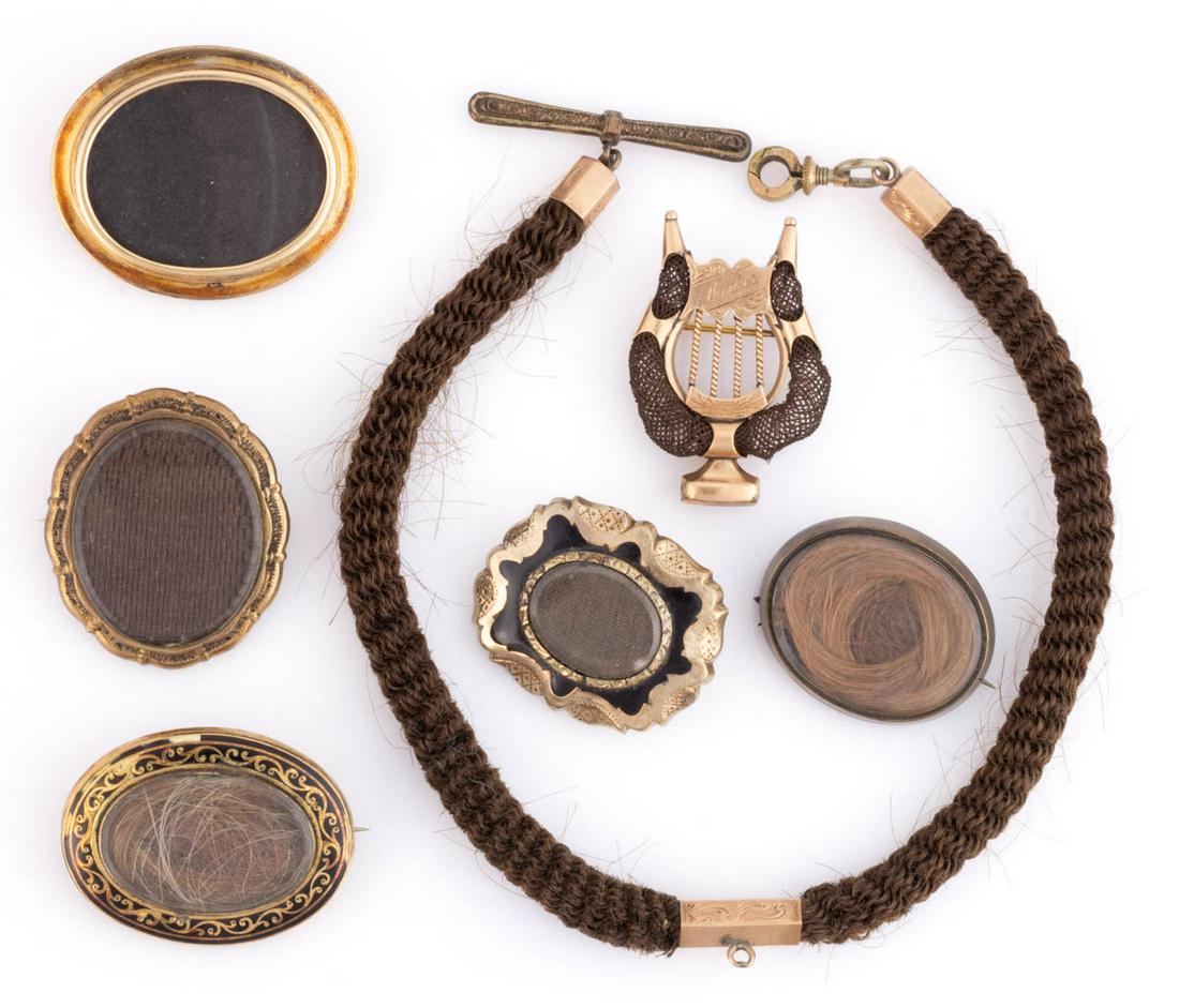 VICTORIAN GOLD-FILLED HAIR-WORK AND OTHER MOURNING JEWELRY, LOT OF SEVEN (1 of 1)