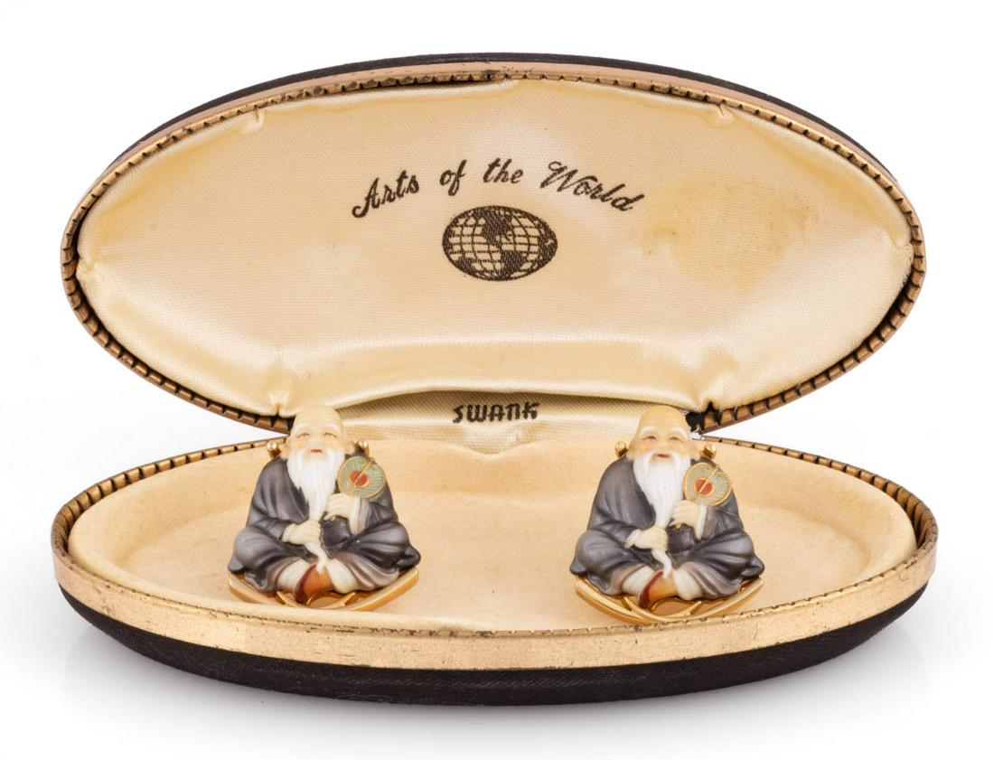 VINTAGE SWANK ARITA TOSHIKANA PORCELAIN AND METAL CUFF LINKS, PAIR (1 of 2)