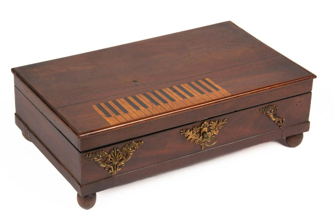 FRENCH PALAIS ROYAL MAHOGANY INLAID FIGURAL SPINET MUSICAL SEWING / WORK BOX WITH NEEDLEWORKING (1 of 5)