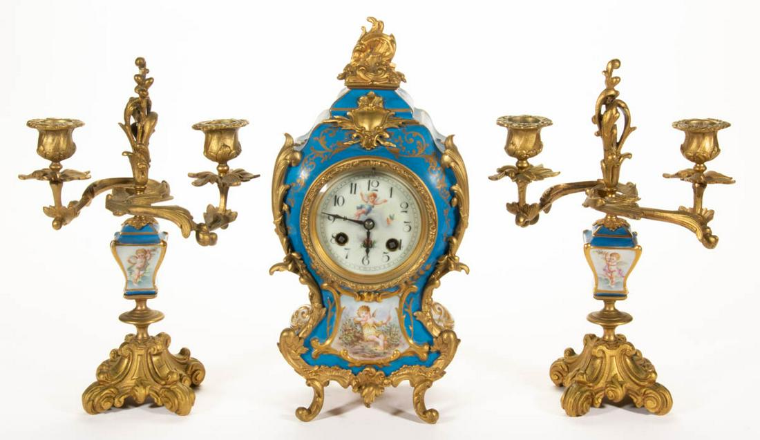 FRENCH SEVRES-STYLE GILT-METAL THREE-PIECE GARNITURE SET (1 of 5)