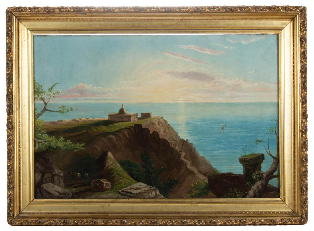 AMERICAN SCHOOL (LATE 19TH CENTURY) MOUNT CARMEL SCENE: AMERICAN SCHOOL (LATE 19TH CENTURY) MOUNT CARMEL SCENE, oil on canvas, depicting a bold blue sky with sailing vessels out to sea, titled on reverse "Mt. Carmel", no signature located. Housed in a peri