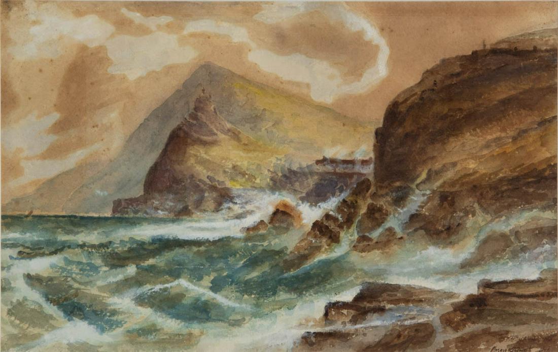 AMERICAN OR BRITISH SCHOOL (19TH CENTURY) COASTAL LANDSCAPE: AMERICAN OR BRITISH SCHOOL (19TH CENTURY) COASTAL LANDSCAPE, watercolor and gouache on paper, turbulent seas battering a rocky coastline, signed and dated indistinctly lower right. Fitted in mat and h
