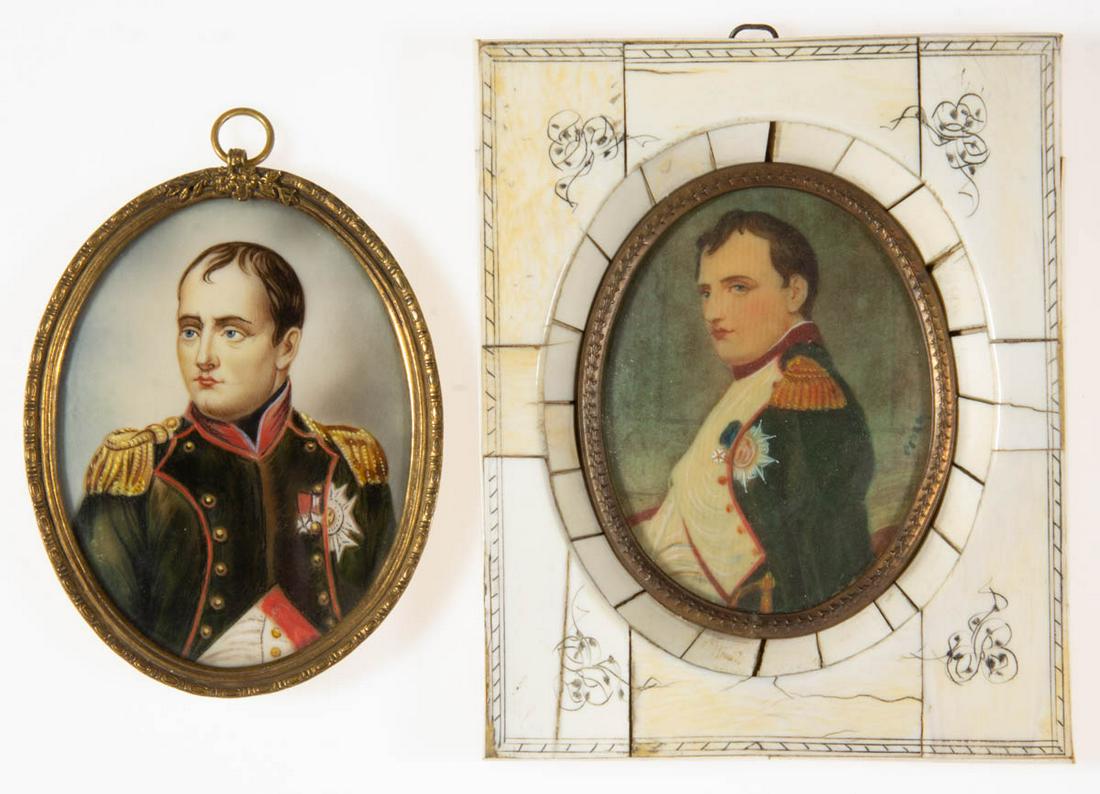 CONTINENTAL SCHOOL (19TH CENTURY) PORTRAIT MINIATURES OF NAPOLEON, LOT OF TWO: CONTINENTAL SCHOOL (19TH CENTURY) PORTRAIT MINIATURES OF NAPOLEON, LOT OF TWO, watercolor, each a waist-length depiction of subject in military attire, one signed at right sight edge and housed in a b