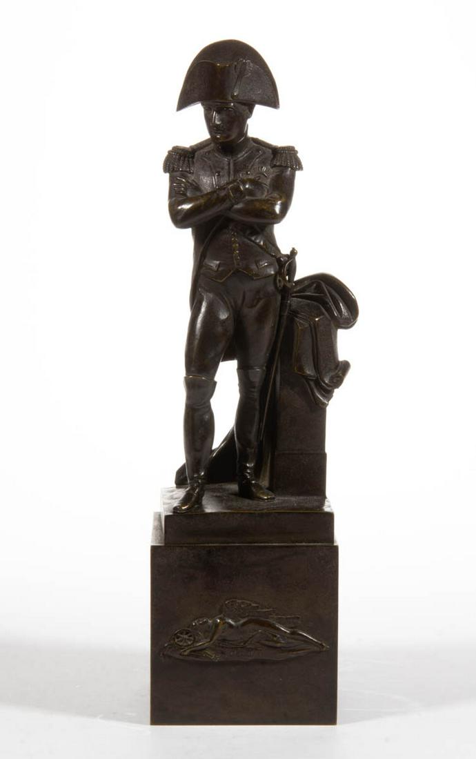 FRENCH BRONZE FIGURE OF NAPOLEON BONAPARTE: FRENCH BRONZE FIGURE OF NAPOLEON BONAPARTE, full-figure, standing over fallen angel with inscription "ISLE D'ELBE", possibly mourning the loss of Maurice d'Elbee, no foundry markings located. Late 19t
