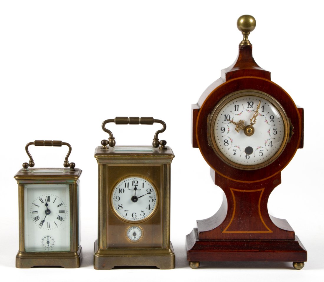 ASSORTED FRENCH GILT-BRASS CARRIAGE CLOCKS / SHELF CLOCKS, LOT OF THREE (1 of 6)