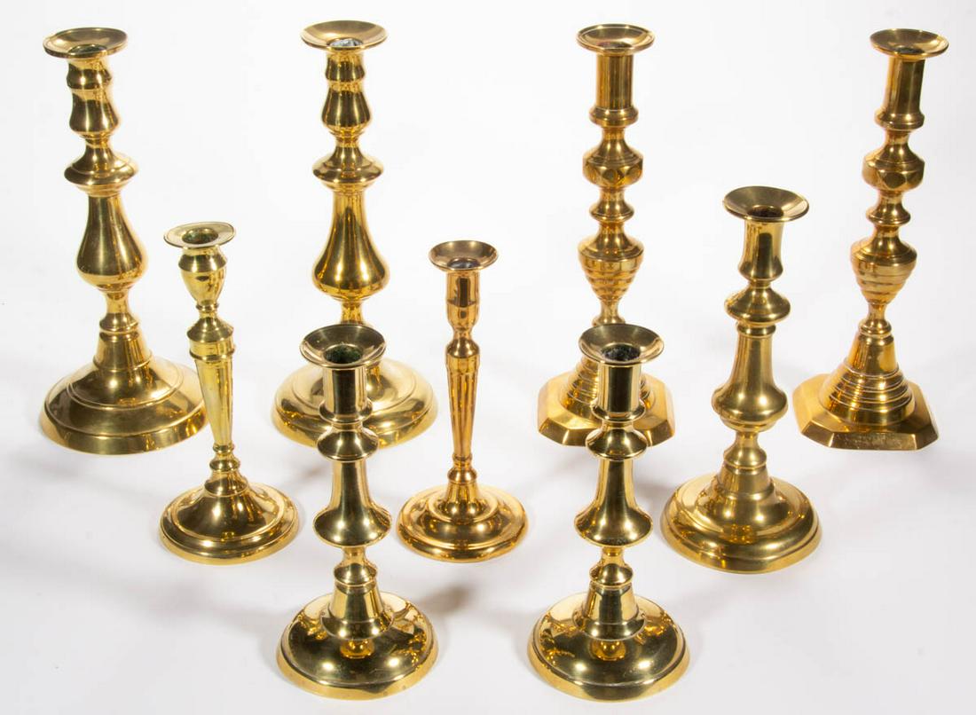 ASSORTED BRASS CANDLESTICKS, LOT OF NINE (1 of 7)