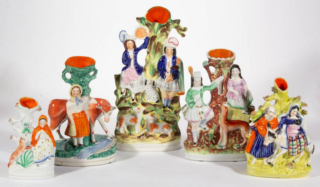 ENGLISH STAFFORDSHIRE HAND-PAINTED CERAMIC FIGURAL SPILL VASES, LOT OF FIVE (1 of 5)