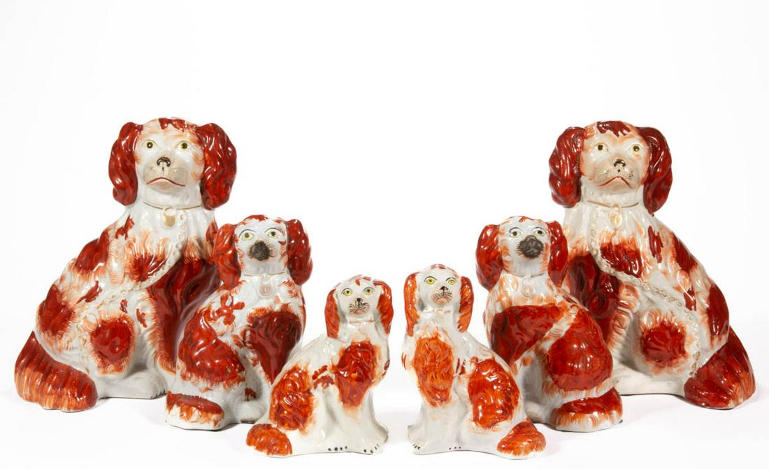 ENGLISH STAFFORDSHIRE HAND-PAINTED CERAMIC SPANIEL / DOG FIGURES, LOT OF THREE PAIR (1 of 4)