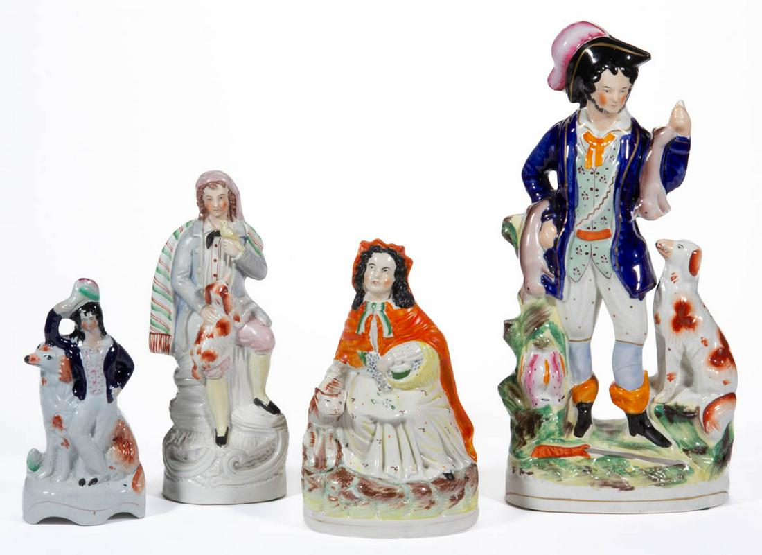 ENGLISH STAFFORDSHIRE HAND-PAINTED CERAMIC FIGURES, LOT OF FOUR (1 of 4)