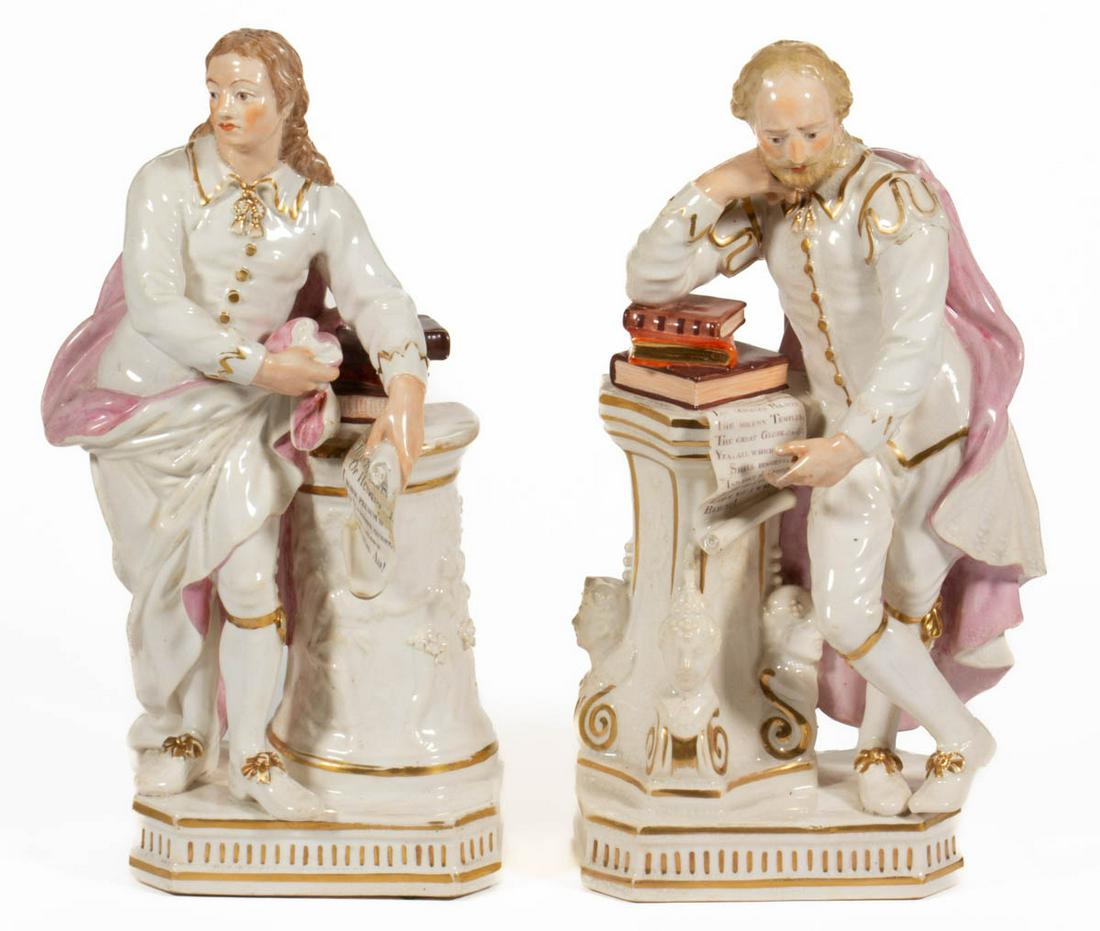 ENGLISH HAND-PAINTED CERAMIC PAIR OF FIGURES: ENGLISH HAND-PAINTED CERAMIC PAIR OF FIGURES, each standing on a square base with elbow resting on stacked books upon a column, comprising one example depicting John Milton holding a paper in left han