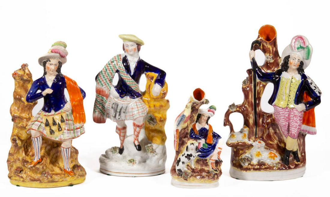 ENGLISH STAFFORDSHIRE HAND-PAINTED CERAMIC FIGURES, LOT OF FOUR (1 of 7)
