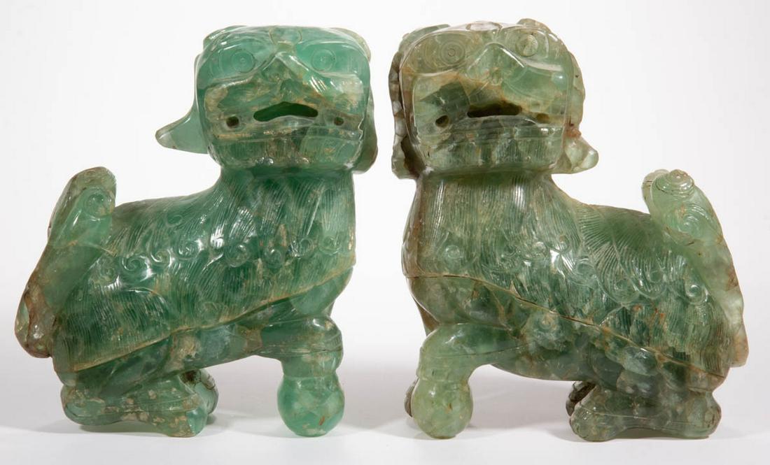 CHINESE LARGE CARVED GREEN STONE GUARDIAN LIONS, PAIR (1 of 4)