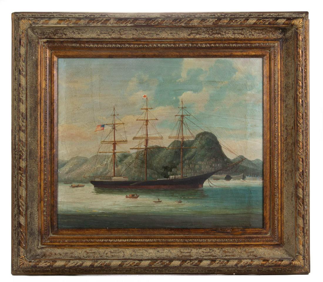 CHINESE EXPORT REPRODUCTION PAINTING: CHINESE EXPORT REPRODUCTION PAINTING, oil on canvas, depicting a ship flying the American flag, with Foxtrot flag flying on central mast, no signature located. Housed in likely original frame. 20th/21