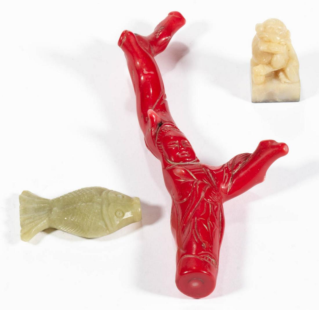 CHINESE / ASIAN CARVED STONE AND CORAL FIGURAL ARTICLES, LOT OF THREE (1 of 8)