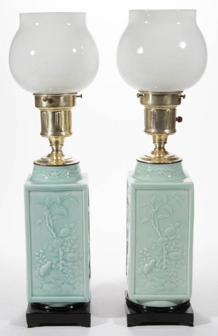CHINESE CELADON PAIR OF VASES / ELECTRIC TABLE LAMPS (1 of 2)