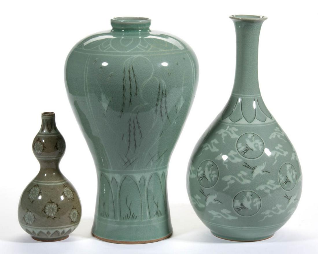 KOREAN CELADON VASES, LOT OF THREE (1 of 9)
