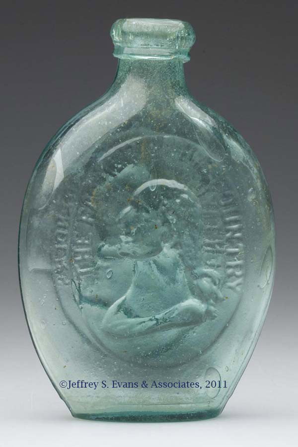 GI-41 WASHINGTON AND TAYLOR PORTRAIT FLASK: GI-41 WASHINGTON AND TAYLOR PORTRAIT FLASK, greenish aquamarine, half pint, embossed "THE FATHER OF HIS COUNTRY" on obverse and "GEN. TAYLOR NEVER SURRENDERS" on reverse, heavy applied rounded collare
