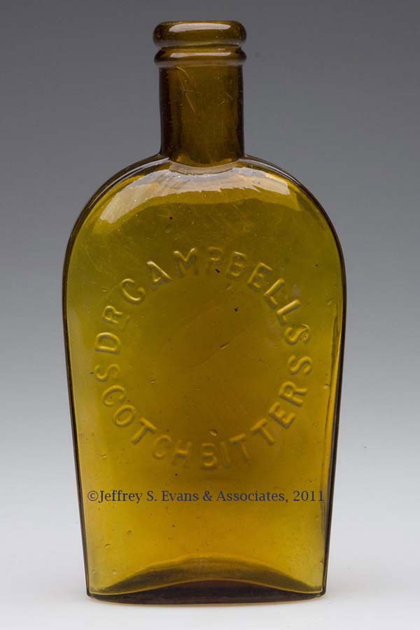 SCOTCH BITTERS STRAP-SIDE FLASK: SCOTCH BITTERS STRAP-SIDE FLASK, golden yellow amber, half pint, embossed "DR CAMPBELLS / SCOTCH BITTERS" in a circle on obverse, rounded tooled mouth, smooth base with light central indention. United