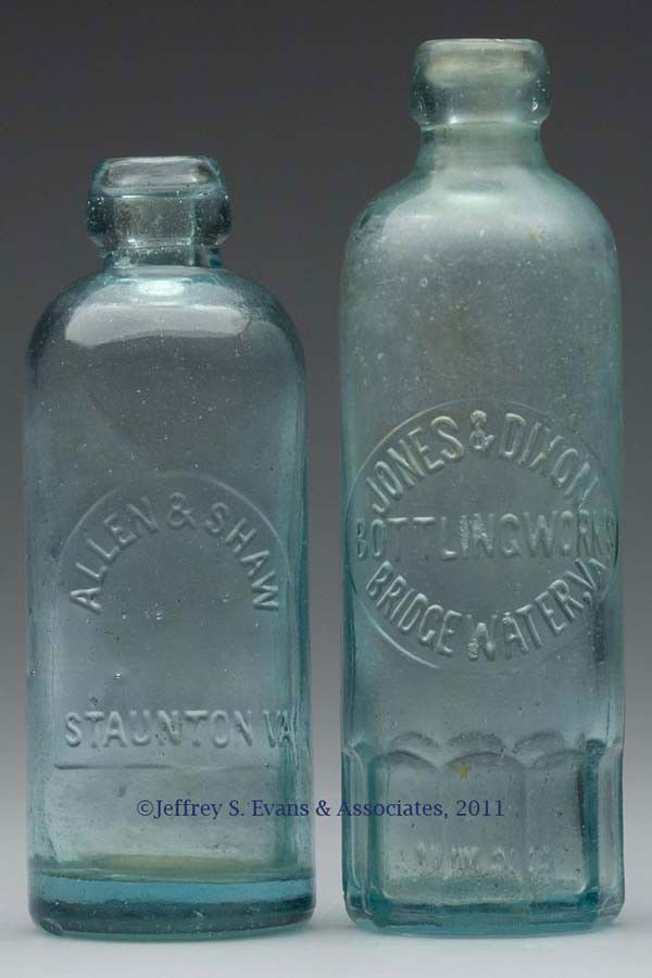 TWO ASSORTED VIRGINIA SODA BOTTLES: TWO ASSORTED VIRGINIA SODA BOTTLES, aquamarine, Hutchinson style, comprising "ALLEN & SHAW / STAUNTON VA" and "JONES & DIXON / BOTTLING WORKS / BRIDGEWATER, VA." United States. 1880-1910. 6 3/8" and 7
