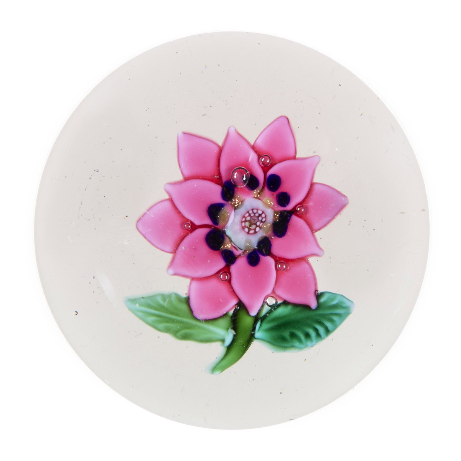 ANTIQUE SANDWICH POINSETTIA LAMPWORK ART GLASS PAPERWEIGHT: ANTIQUE SANDWICH POINSETTIA LAMPWORK ART GLASS PAPERWEIGHT, pink 12-petal blossom with a central pink and white complex tube with encircling blue and goldstone/aventurine dots, attached to a short gre