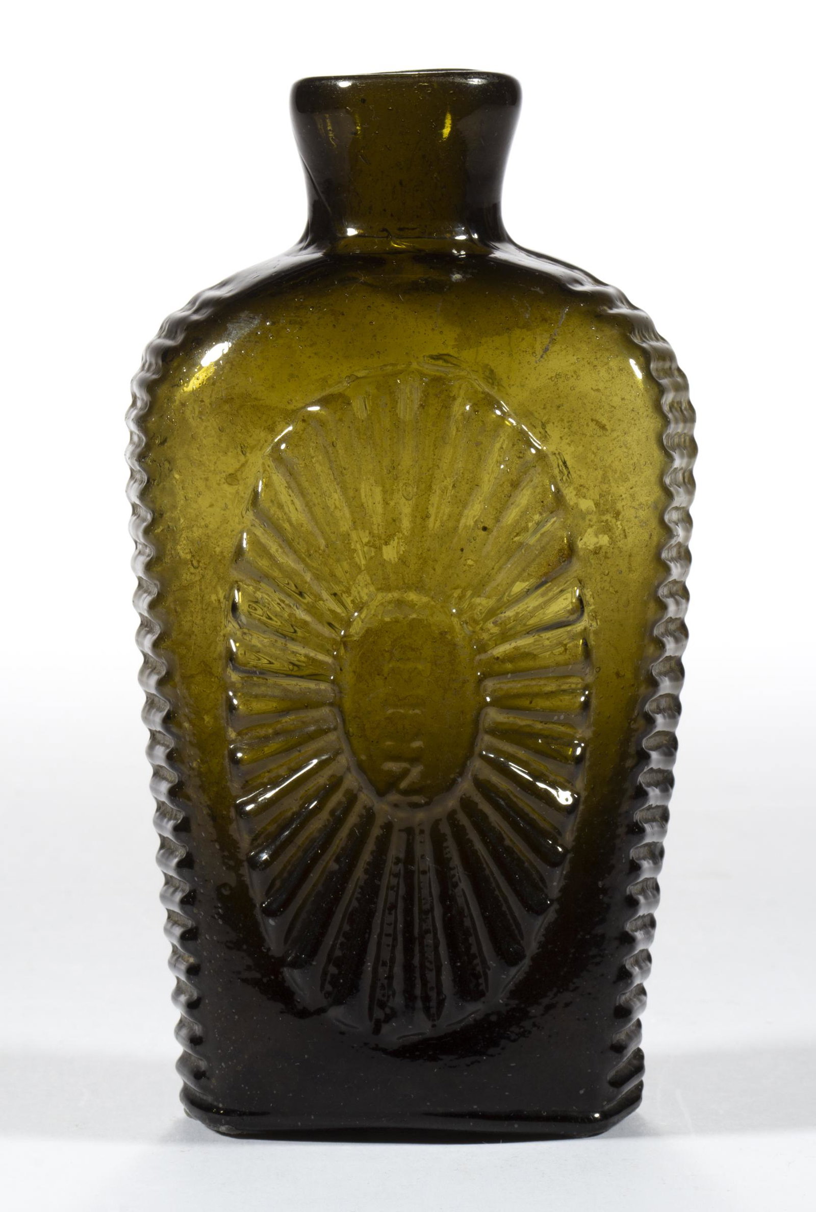 GVIII-10 SUNBURST FLASK: GVIII-10 SUNBURST FLASK, deep olive amber, half-pint, embossed "KEEN", plain mouth, rough pontil mark. Keene-Marlboro-Street Glassworks, New Hampshire. 1820-1840. 5 3/4" H. Literature: McKearin/Wilson