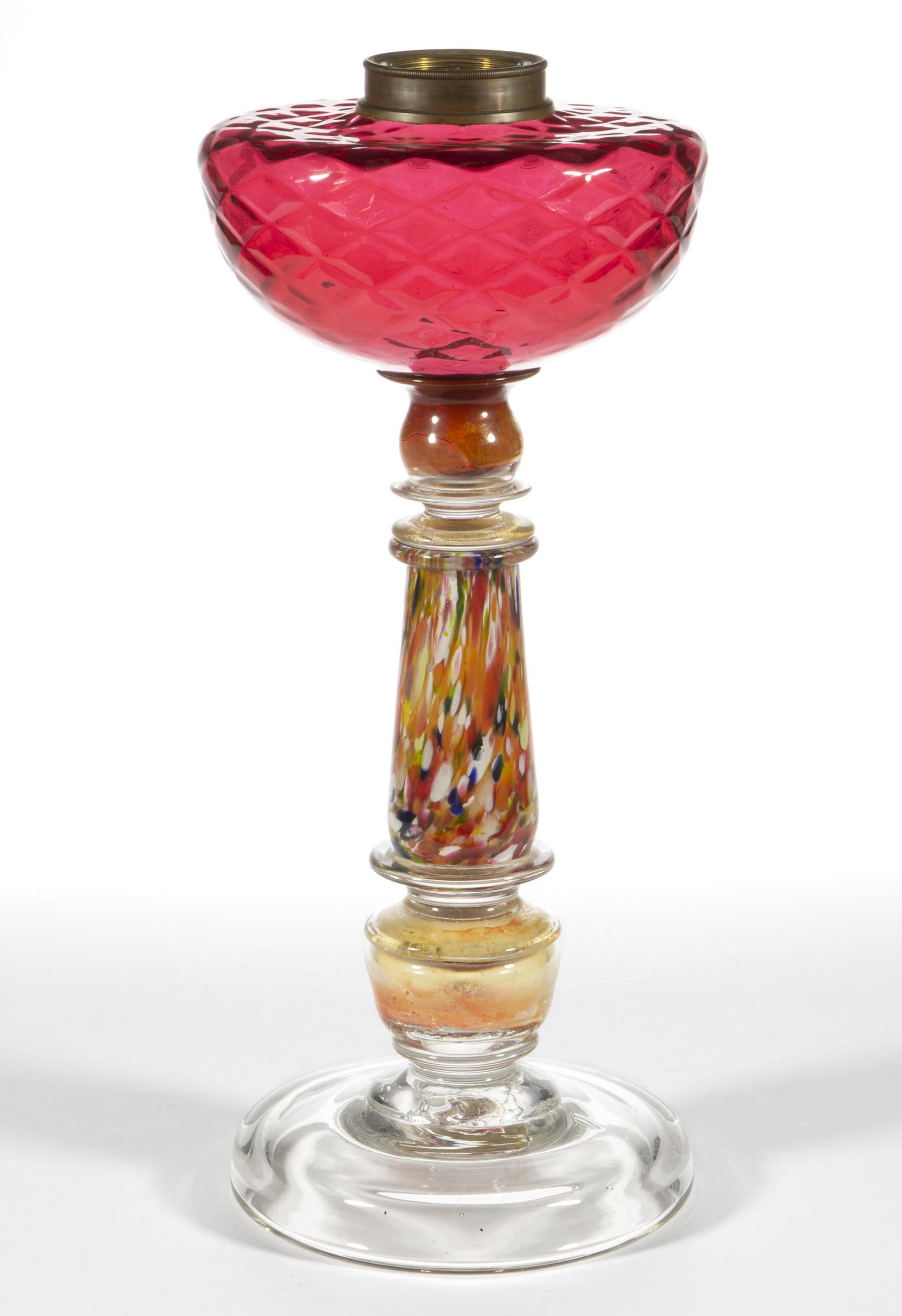 VICTORIAN DIAMOND-QUILT AND COMPLEX STEM KEROSENE STAND LAMP: VICTORIAN DIAMOND-QUILT AND COMPLEX STEM KEROSENE STAND LAMP, cranberry hemispherical font with Diamond-Quilt pattern, raised on a complex stem with a multi-colored spatter stem with plaster in the to
