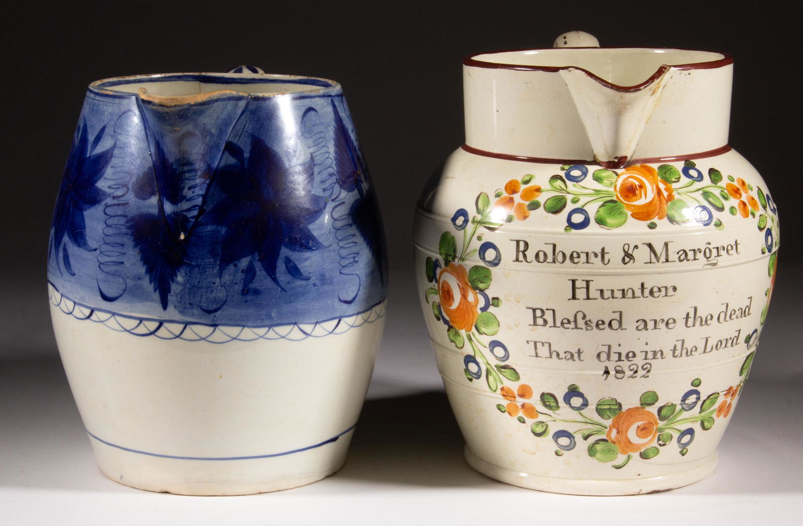 ENGLISH HAND-PAINTED CERAMIC JUGS / PITCHERS, LOT OF TWO (1 of 4)