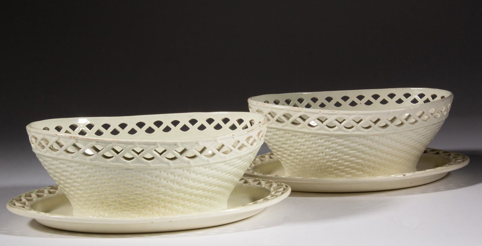 ENGLISH CREAMWARE RETICULATED BASKET AND STAND SET, LOT OF TWO (1 of 3)