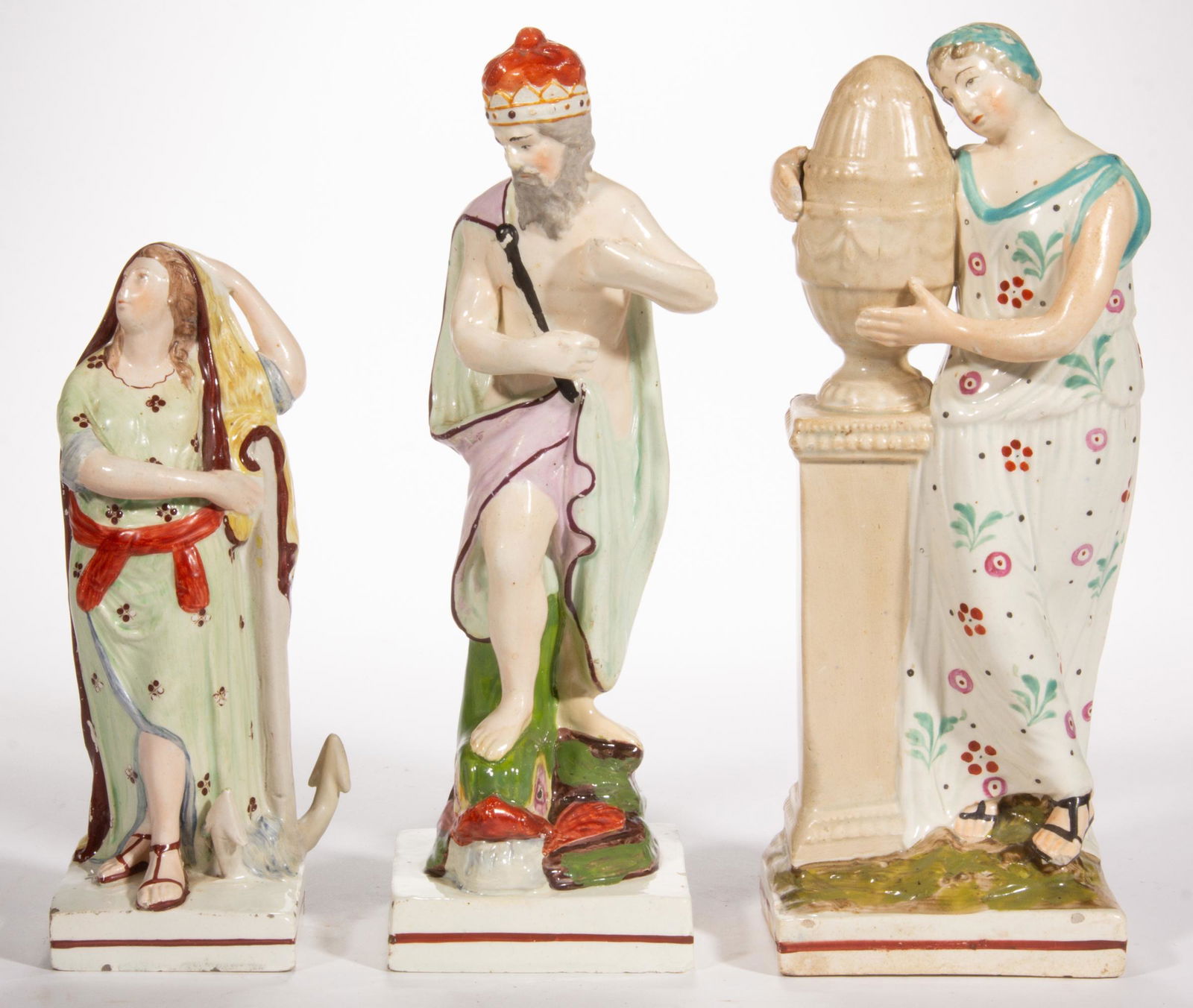 ENGLISH STAFFORDSHIRE HAND-PAINTED CERAMIC FIGURES, LOT OF THREE (1 of 5)