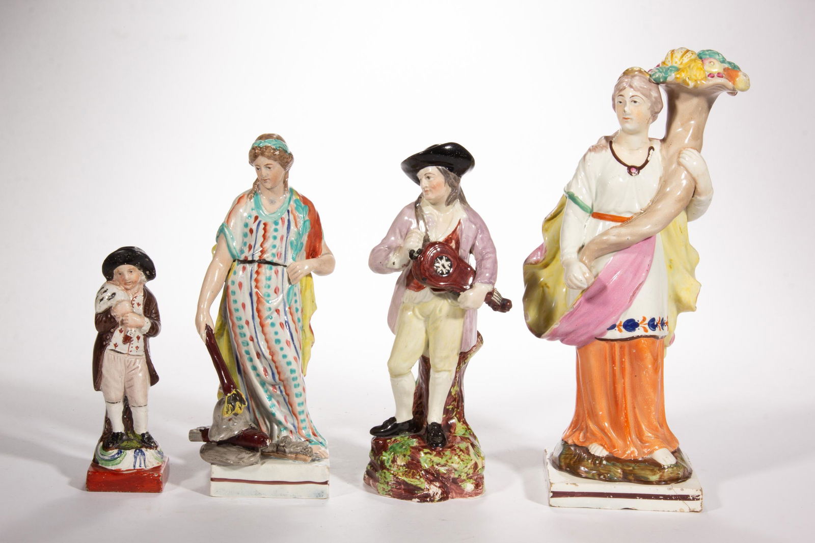 ENGLISH STAFFORDSHIRE HAND-PAINTED CERAMIC FIGURES, LOT OF FOUR (1 of 5)