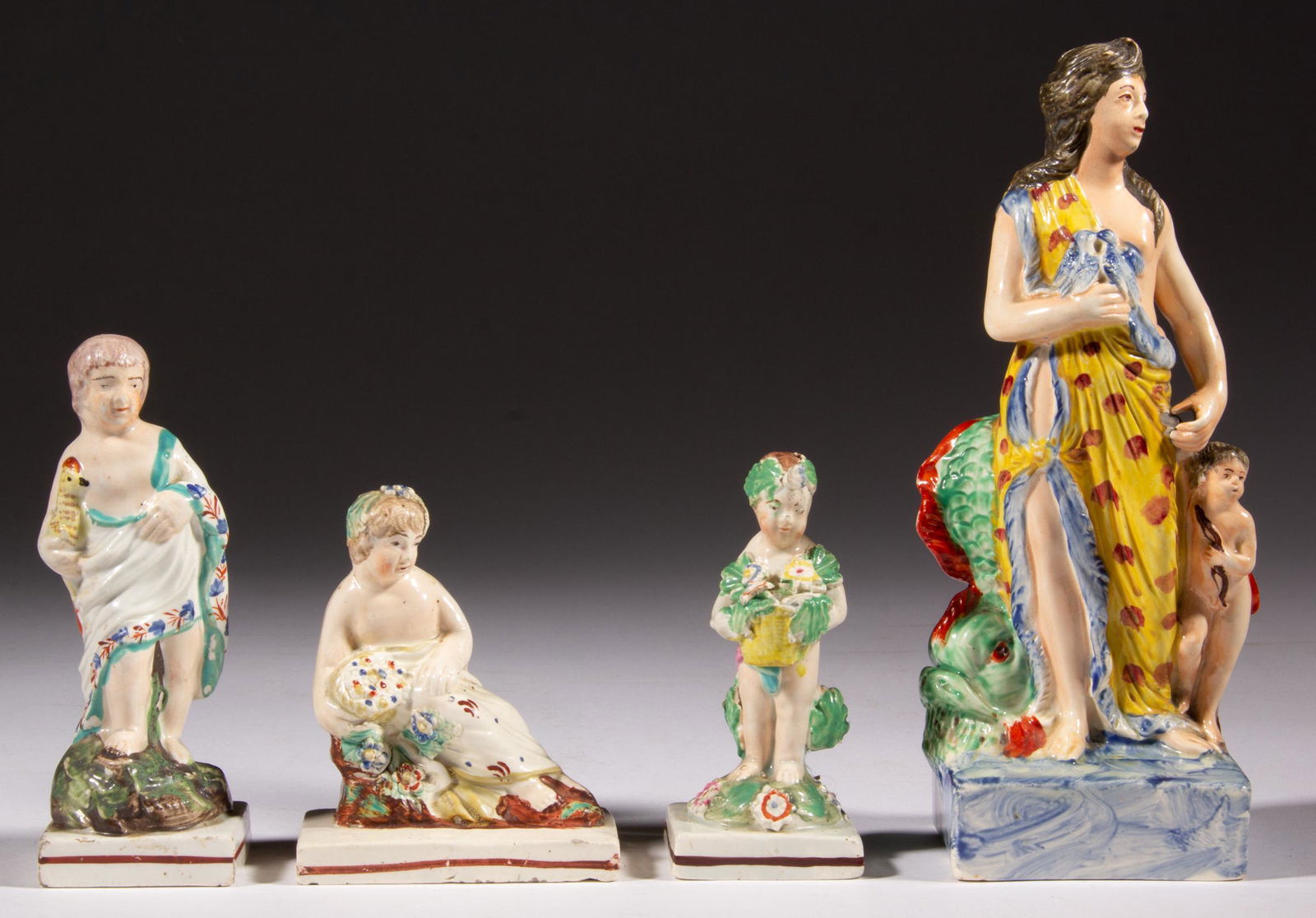 ENGLISH STAFFORDSHIRE HAND-PAINTED CERAMIC FIGURES, LOT OF FOUR (1 of 5)