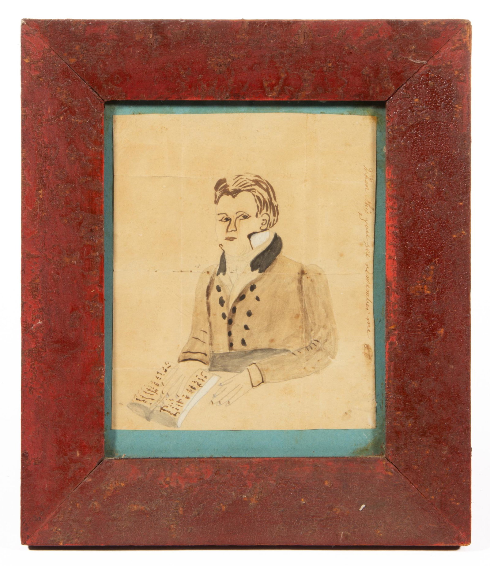AMERICAN SCHOOL (19TH CENTURY) FOLK ART PORTRAIT OF A GENTLEMAN: AMERICAN SCHOOL (19TH CENTURY) FOLK ART PORTRAIT OF A GENTLEMAN, waist-length depiction of sitter holding a book and inscribed in the margins "When this you see remember me", no signature located. Hou