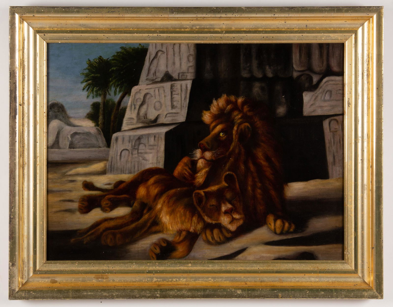 AMERICAN SCHOOL (19TH CENTURY) FOLK ART EGYPTIAN SCENE WITH LIONS (1 of 6)