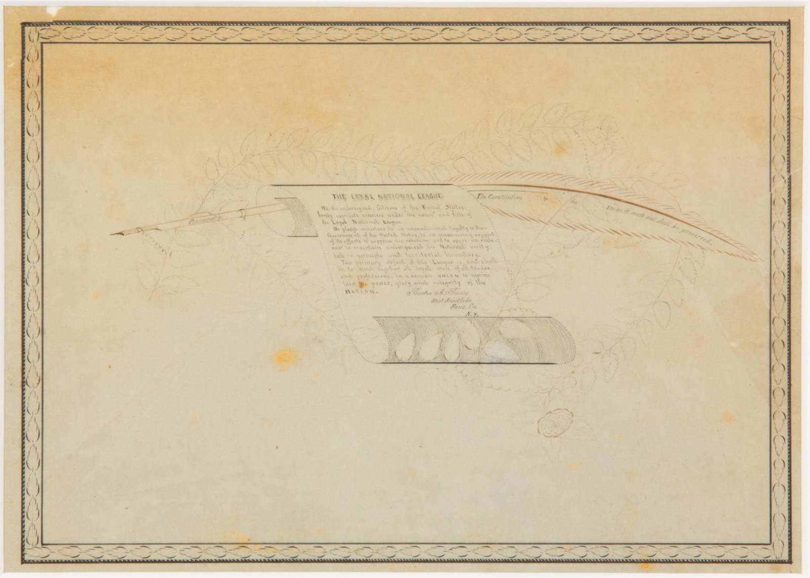 AMERICAN SCHOOL (19TH CENTURY) "CALL TO ARMS" CALLIGRAPHY: AMERICAN SCHOOL (19TH CENTURY) "CALL TO ARMS" CALLIGRAPHY, ink on paper, for the "THE LOYAL NATIONAL LEAGUE" signed "Burton A. Thomas / West Sandlake, Rens. Co. / N.Y." Housed under glass in a period 