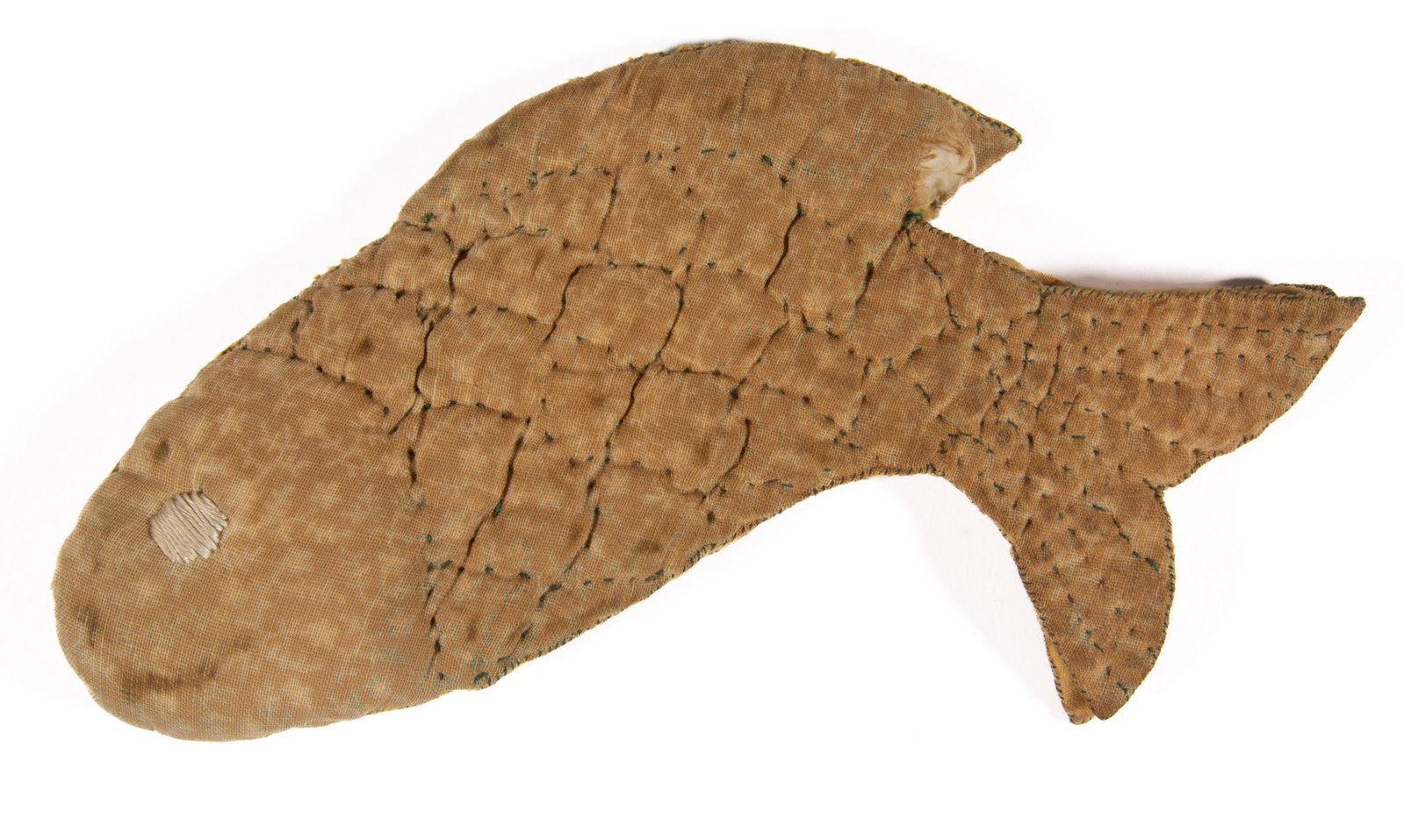 FIGURAL FISH QUILTED KETTLE MITT: FIGURAL FISH QUILTED KETTLE MITT, hand-stitched, each half being of fish form with print fabric top and plain yellow backing, quilt stitching in blue-green thread featuring knife binding and embroider