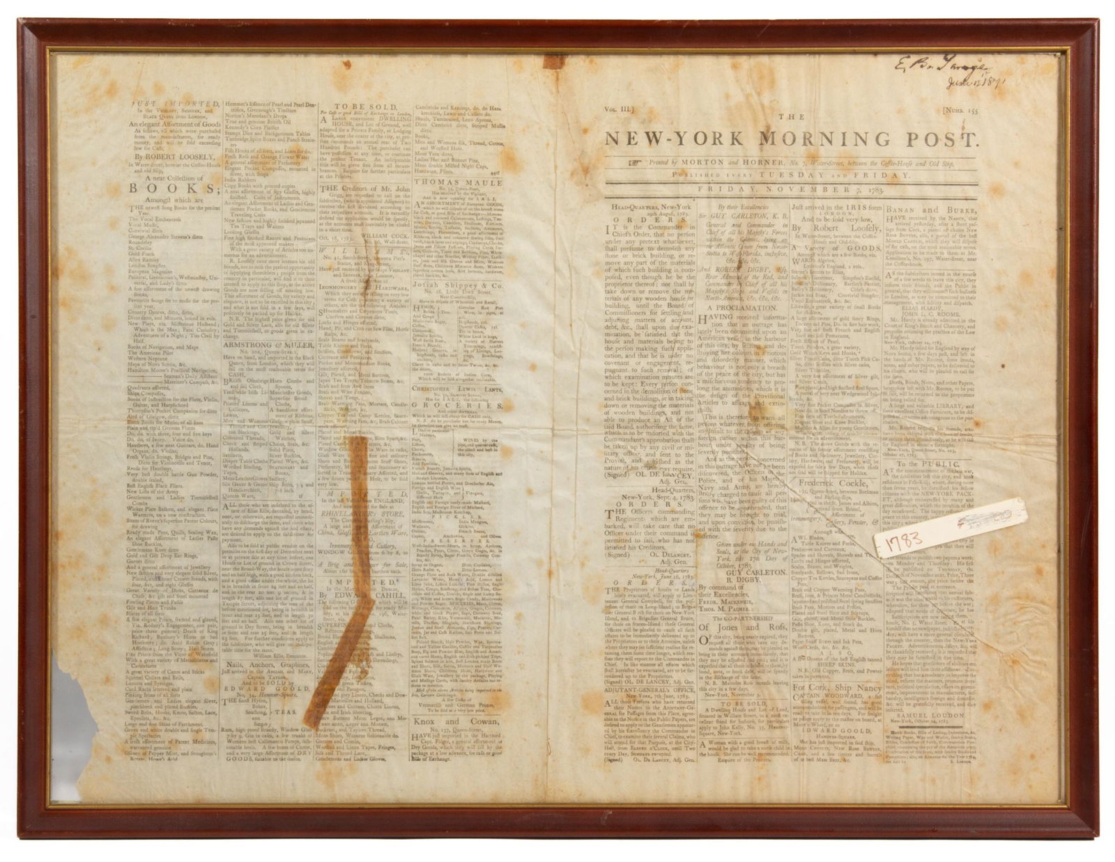 HISTORICAL NEW YORK MORNING POST GEORGE WASHINGTON FAREWELL ORDERS NEWSPAPER (1 of 3)