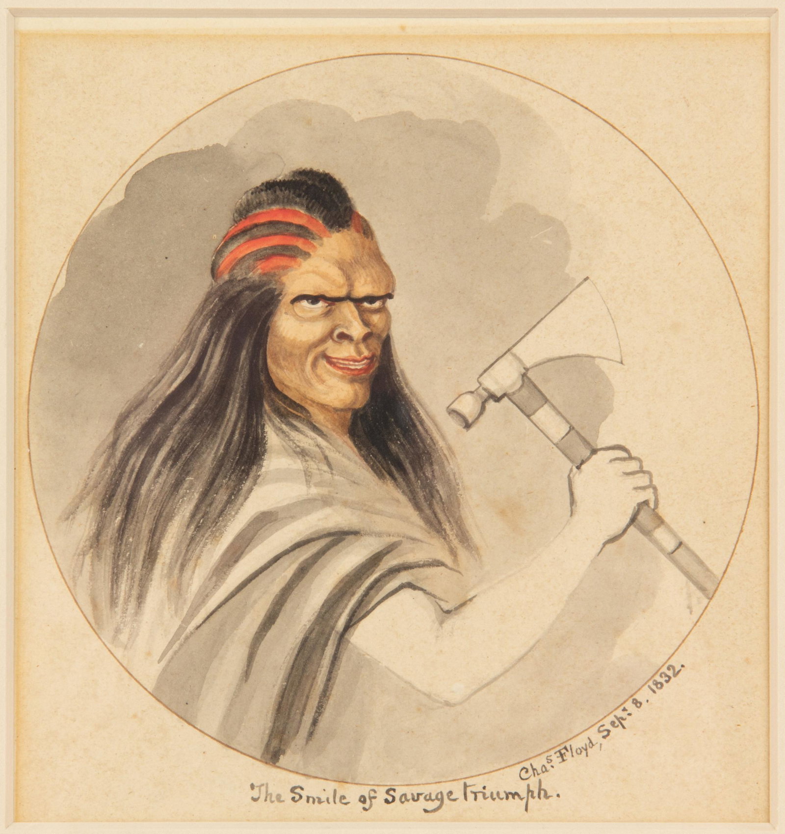 CHARLES RINALDO FLOYD (GEORGIA, 1797-1845) PORTRAIT OF A NATIVE AMERICAN: CHARLES RINALDO FLOYD (GEORGIA, 1797-1845) PORTRAIT OF A NATIVE AMERICAN, watercolor and ink on paper, a rare period depiction, partially en grisaille, of a fierce warrior scowling at the viewer, pipe