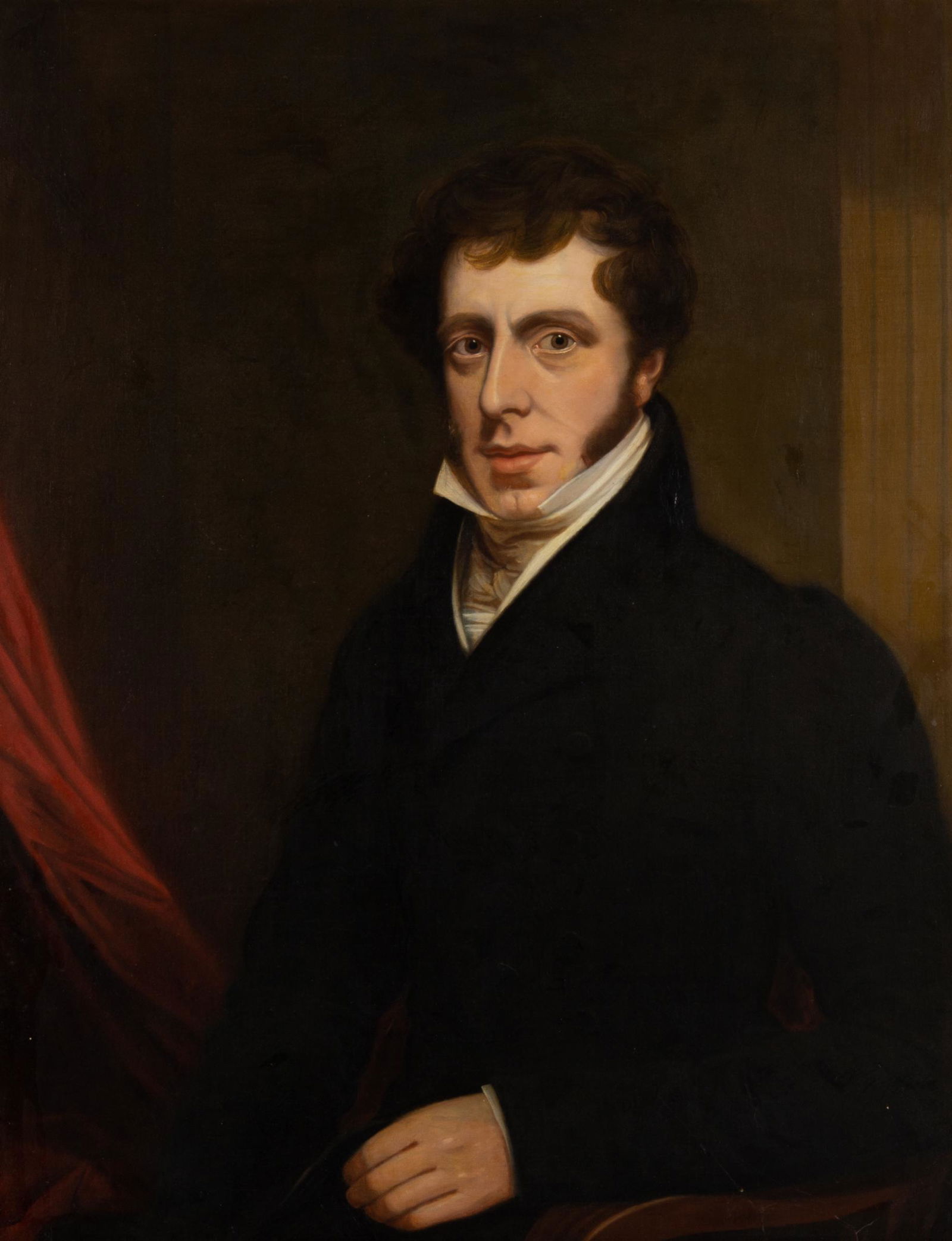 JOHN WESLEY JARVIS (AMERICAN, 1780-1840), ATTRIBUTED, PORTRAIT OF A YOUNG GENTLEMAN: JOHN WESLEY JARVIS (AMERICAN, 1780-1840), ATTRIBUTED, PORTRAIT OF A YOUNG GENTLEMAN, depicting a waist-length depiction of a sitter wearing a black frock coat with wavy hair, no signature located. Hou